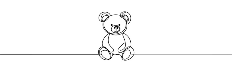 Teddy bear continuous one line drawing. Soft toy, in simple linear style. Birthday gift and greeting card. Vector illustration.