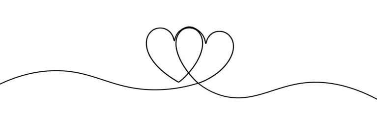 Two hearts. Continuous line drawing. Banner for valentine's day. Abstract hearts. Vector illustration.