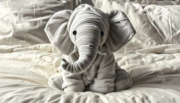 soffice elefantino con il corpo composto di asciugami e stoffa seduto sopra un letto, soft elephant with body made of towels and cloth sitting on a bed