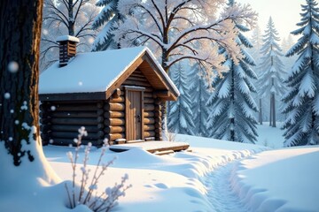 Snowflakes gently fall around a wooden hut under snow-covered trees, tree, wood