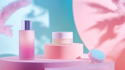 Elegant Pink Cosmetics Display with Soft Lighting