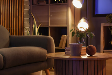 Interior of modern living room with sofa and coffee table at night