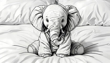 soffice elefantino con il corpo composto di asciugami e stoffa seduto sopra un letto, soft elephant with body made of towels and cloth sitting on a bed