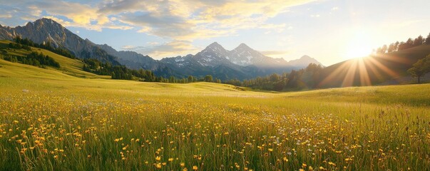 A serene landscape featuring a sunlit field of yellow flowers with majestic mountains in the background under a clear blue sky.