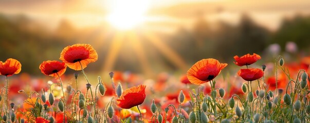 Obraz premium A vibrant field of red poppies basking in the golden sunlight, creating a serene and picturesque landscape.