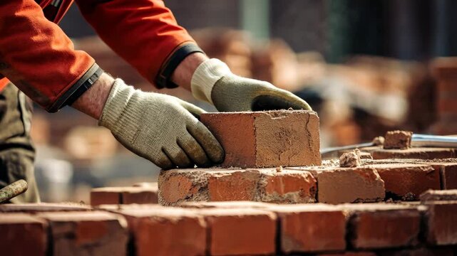 Hands of a construction worker laying a red brick wall. A bricklayer at work on a construction site.