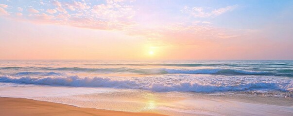 Fototapeta premium A serene beach scene at sunset, with gentle waves lapping at the shore under a pastel sky.