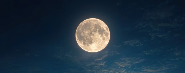 A bright, full moon illuminates the night sky, surrounded by wispy clouds against a deep blue backdrop.
