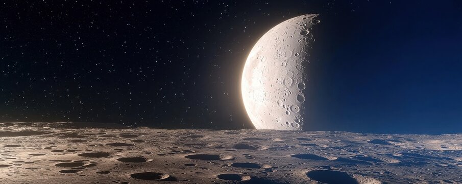A stunning view of a crescent moon rising over a lunar landscape, showcasing craters and a starry sky in the background.