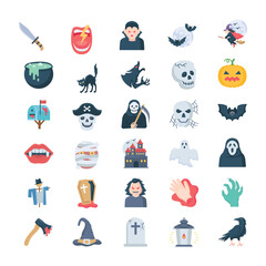 Happy Halloween day minimalistic flat vector. Cute collection of spooky ghost, pumpkin, bat, cat, skull, spider, grave, castle. Adorable Halloween festival elements for decoration, prints.