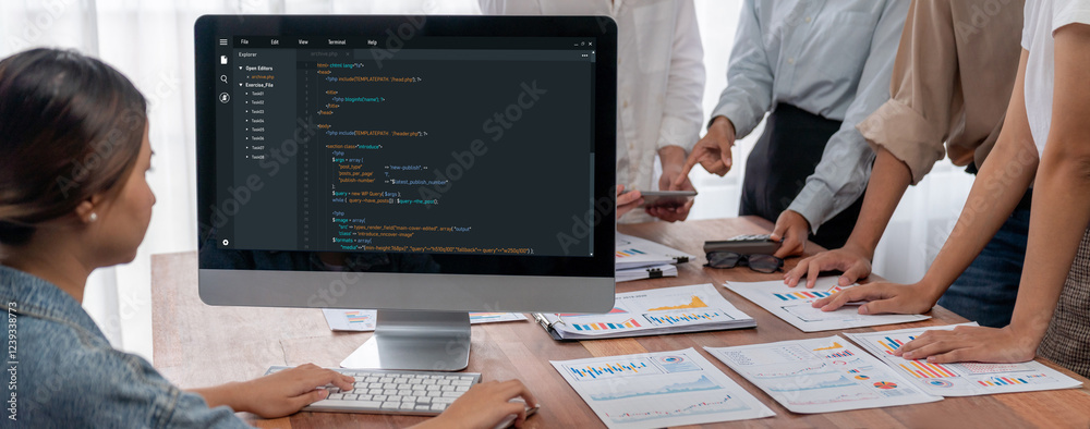 Fototapete Software development programming on computer screen for brisk application and program coding