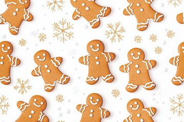 Seamless pattern with christmas gingerbread men and snowflakes on white isolated background