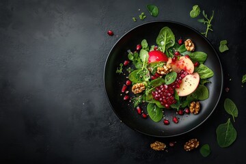 Seasonal salad with pomegranate seeds, walnuts, apples and spinach in a black plate on a dark background, top view