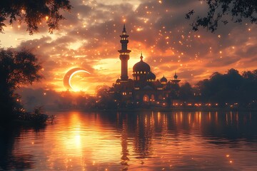 Fototapeta premium Silhouette of a majestic mosque at sunset, with a crescent moon and shimmering reflections on water, surrounded by enchanting clouds.