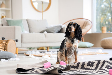 Naughty cocker spaniel with hair curlers on carpet in messy living room