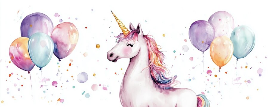 Magisches aquarell Einhorn mit pastellfarbenden Ballons