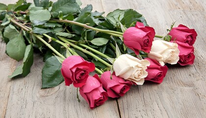 Fresh Pink and White Roses on Rustic Wooden Table Background