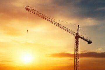 Construction crane silhouetted against a vibrant sunset in the evening sky