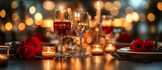 A candle-lit dinner table adorned with elegant wine glasses, red roses, and glowing soft lights reflecting off a crystal chandelier in a romantic atmosphere.