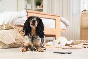 Naughty cocker spaniel chewing earphones on floor in messy bedroom