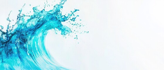Dynamic turquoise wave crashing, creating a vibrant splash against a bright white background.  Perfect for designs needing an energetic, refreshing feel.