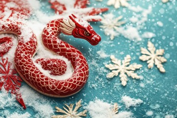 Obraz premium Red dragon figurine in snow with golden snowflakes and festive decor