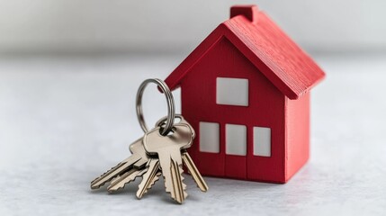 A small red house replica sits beside a set of keys on a white surface, symbolizing home ownership, real estate investments, and the excitement of new beginnings in home buying