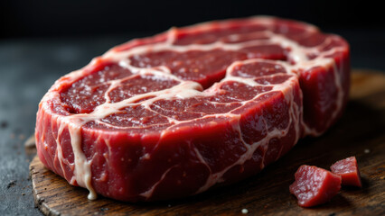 A close-up image of a slice of steak with visible marbling on top of a wooden board.