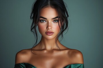 Portrait of a Woman with Dark Hair in Green Dress on a Green Background