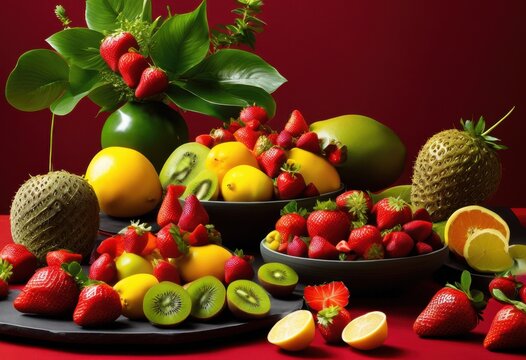 vibrant arrangement fresh fruits minimalist setting bold colors clean lines, apples, oranges, bananas, grapes, kiwi, berries, lemons, limes, pineapples