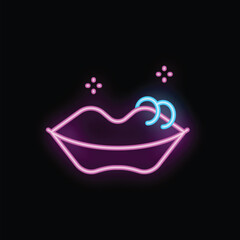 Neon sign of shining purple lips with blue lip piercing on black background