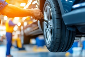 Mechanic's hands working on car wheel, close-up view in bright workshop.