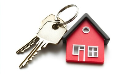 A set of keys rests beside a bright red house-shaped keychain, representing the beginning of a new chapter in home ownership. This captures the joy of settling into a new space