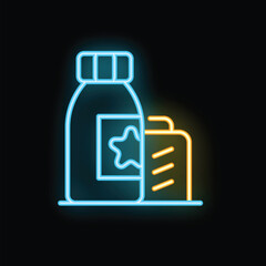 Glowing neon icon of a medication bottle and a medical history, illustrating the concept of medical treatment