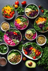 colorful arrangement plant based meal options featuring fresh grain smoothies creative salads rustic wooden table, bowl, platter, quinoa, dish, ingredient