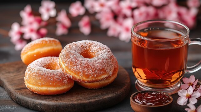 Powdered donuts with sima and cherry blossoms for Vappu Day