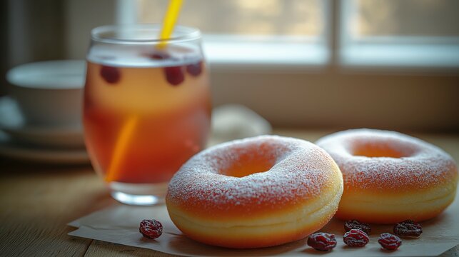 Powdered donuts with sima drink for Finnish Vappu Day celebration