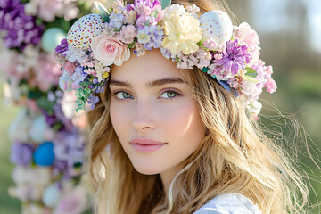 Naklejka premium Woman with floral Easter headband, solid background shot