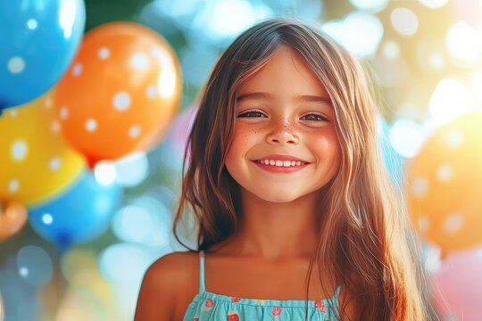 Joyful Young Girl Smiling at Outdoor Birthday Party with Colorful Balloons