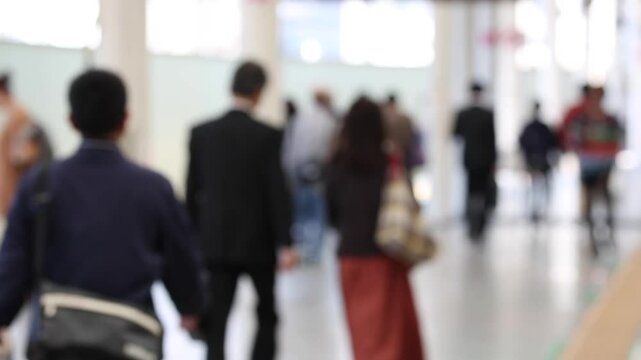 Blurry Metro Train Station Platform in Tokyo. Underground Metro Train Station During Rush Hour. People Leaving Station and Walking on Platform.