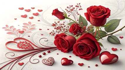 Valentine's Day theme on a white background featuring red hearts, roses, and romantic elements, perfect for cards, banners, or promotional designs
