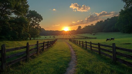 rural scene at sunset. A dirt path lined by a wooden fence leads through a lush green pasture where cows graze peacefully
