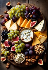colorful diverse cheese board presentation culinary aficionados featuring varieties nuts, appetizer, charcuterie, boards, arrangement, flavors, gourmet