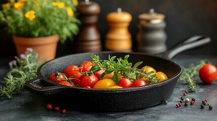 Colorful cherry tomatoes in cast iron skillet with herbs.