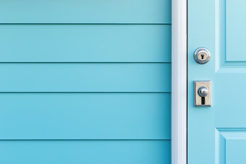 Bright blue door with modern lock and handle on a sunny day