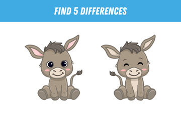 Find 5 differences between two pictures of cute cartoon donkey isolated on white background. Funny animal in flat style. Activity page.