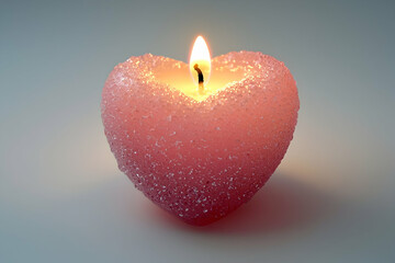 A single heart-shaped pink candle with a soft glow against pure white background