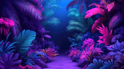 Vibrant Neon Jungle: Lush Tropical Foliage in Dazzling Purple and Blue Hues