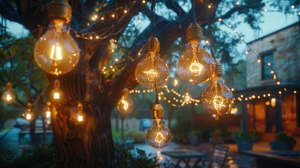 Fototapeta premium Tree Light Bulbs Illuminated as a Lightning Bolt Symbolizes Inspiration and Innovation During a Rainy Evening