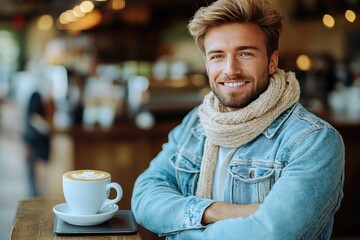 Smiling Man in Cozy Scarf Enjoying Coffee at Cafe on a Relaxed Day